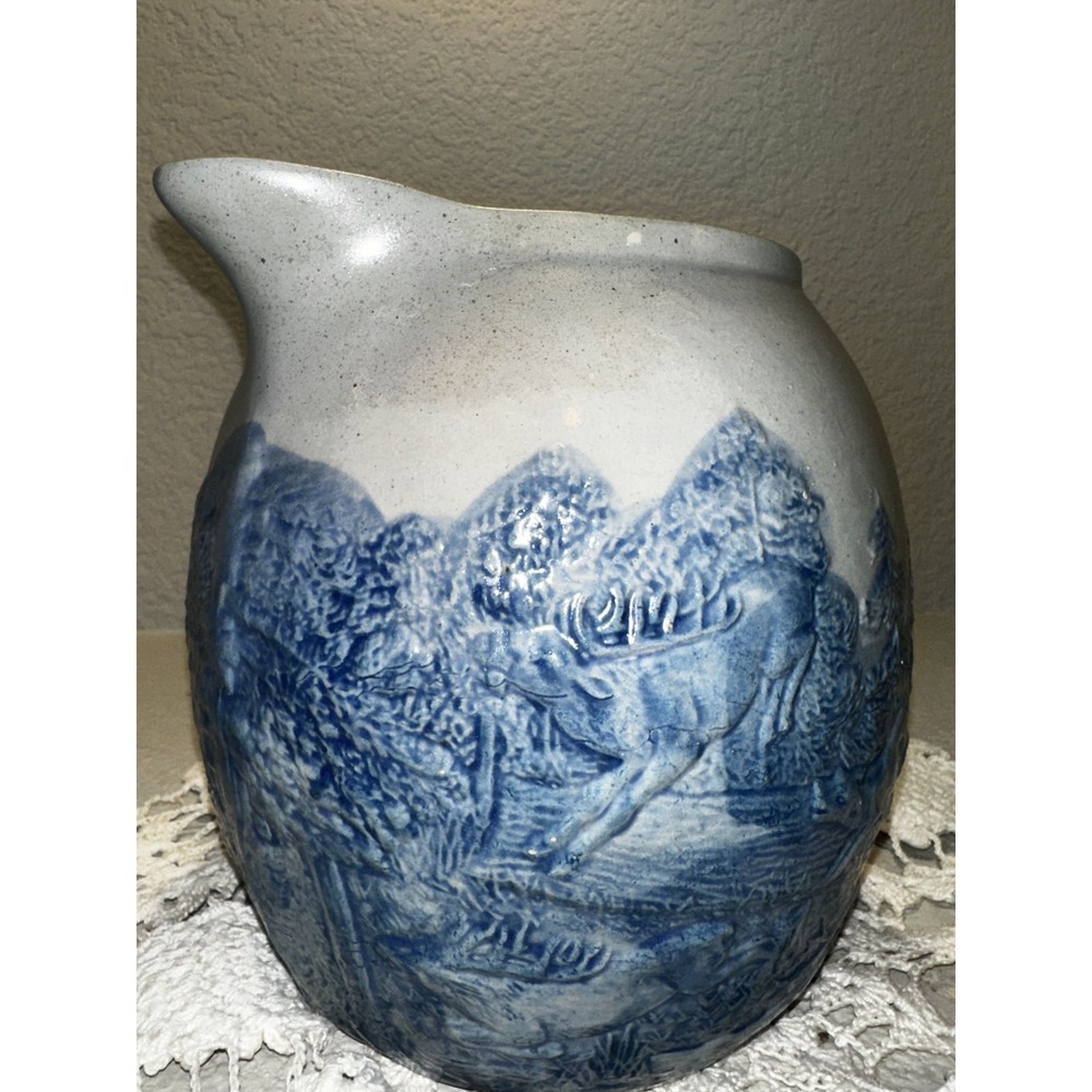 Antique Krenning Glass Co St Louis Blue Gray Stonewear Hunting Scene Pitcher